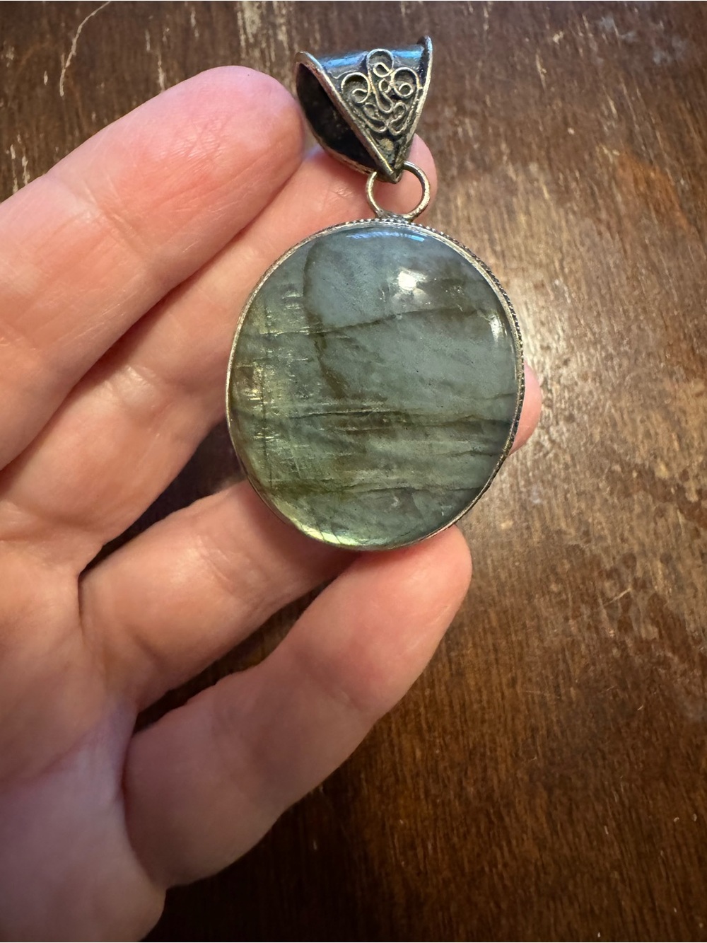 Natural Green Labradorite Pendant Silver Tone Bohemian